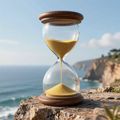 Photograph of a wooden-framed hourglass with golden sand, set on a rocky cliff overlooking a blue ocean and distant coastline.