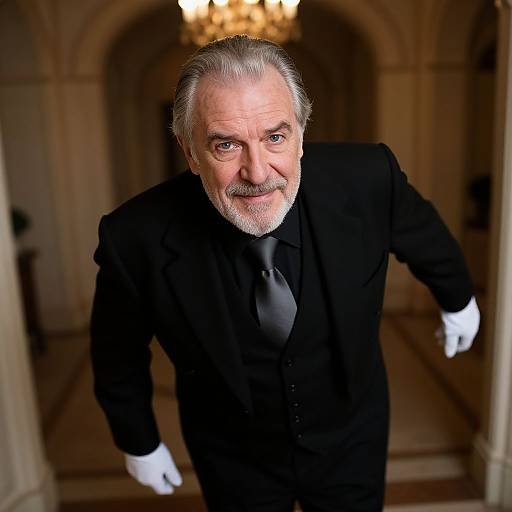 Photograph of an older man with gray hair, beard, and mustache, wearing a black suit, white gloves, and black tie, smiling while
