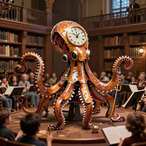 Photograph of a metallic, clock-faced octopus sculpture with glowing orange accents, displayed in a dimly lit, wood-paneled library, surrounded by