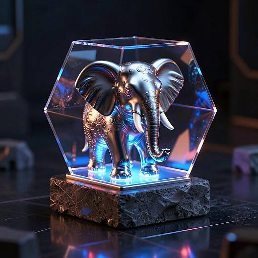 Photograph of a neon-lit, silver elephant sculpture inside a clear hexagonal glass case on a dark marble base, with blue and white light reflections