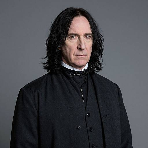 Photograph of a middle-aged man with long black hair, pale skin, and serious expression, wearing a black Victorian-style outfit against a gray background.