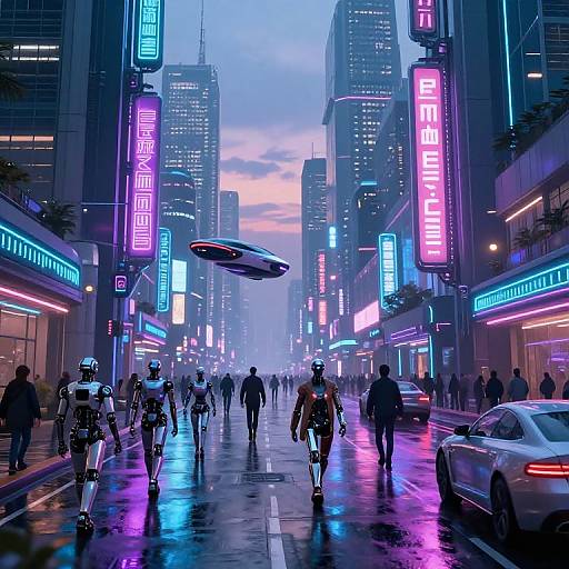 Cyberpunk city street at dusk, neon signs, futuristic UFO hovering, rain, diverse pedestrians, sleek cars, illuminated skyscrapers, vibrant blue