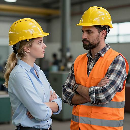 Photograph of a serious-looking man and woman in yellow hard hats and orange safety vests, standing with crossed arms in an industrial setting, both wearing pl