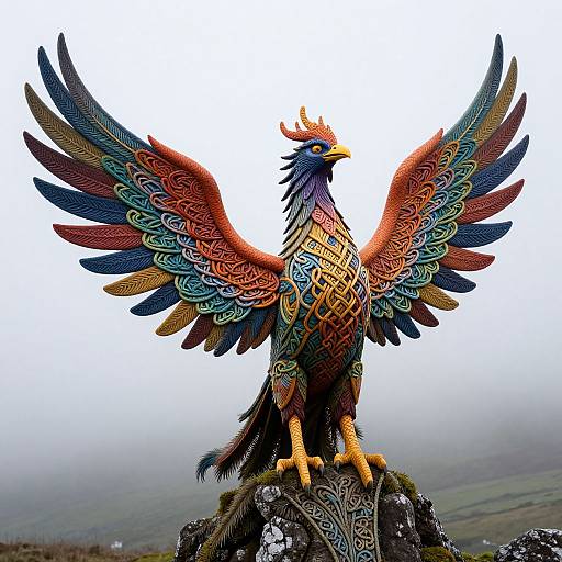Vibrant, detailed phoenix statue with multicolored, intricately patterned feathers, standing on a rocky outcrop against a foggy, mountain