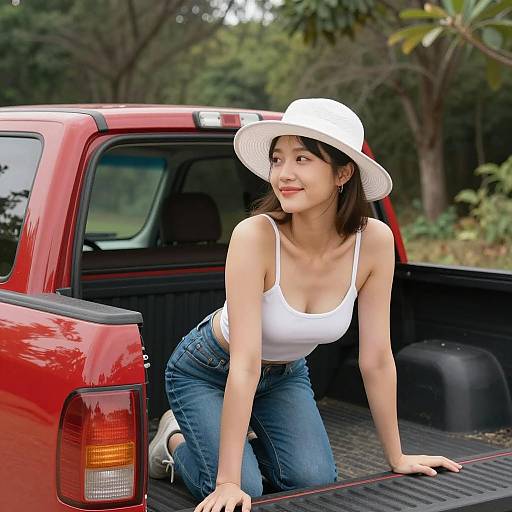 Woman in White Sunhat Leaning on Red Pickup Truck