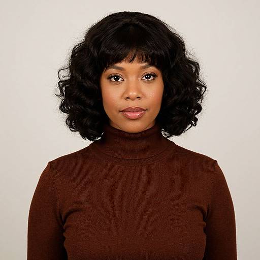 Photograph of a Black woman with curly black hair, wearing a brown ribbed turtleneck, against a plain white background.