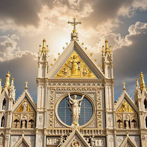 Photograph of an ornate, golden Gothic cathedral facade with intricate statues, a large circular window, and a sunlit, cloudy sky.