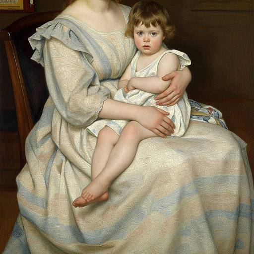Photograph of a light-skinned woman in a striped, off-shoulder dress holding a fair-skinned, brown-haired toddler in a white dress