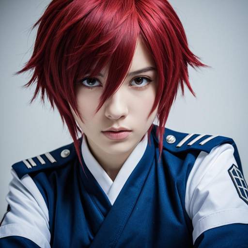 Cosplayer in Blue and White Uniform with Red Hair