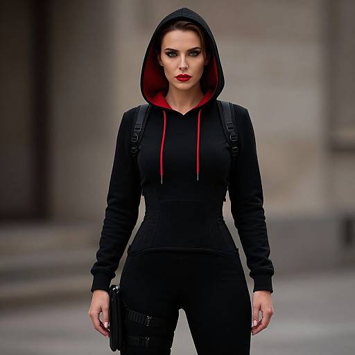 Photograph of a stern, red-lipped woman in a black hoodie with red lining, black pants, and backpack, standing in an urban background.
