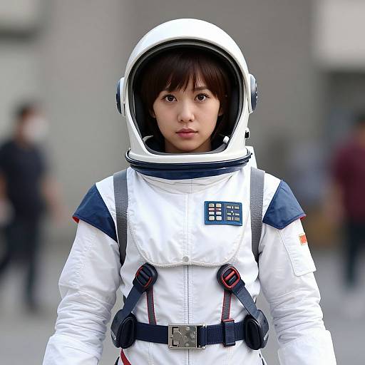 Photograph of an Asian woman with brown hair wearing a white astronaut suit and helmet, standing in a blurred urban background.