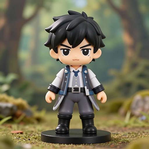 Photograph of a chibi-style action figure with black hair, stern expression, white shirt, gray pants, black boots, and blue tie, standing