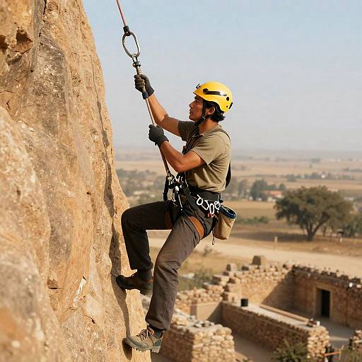 Cinematic Archaeologist Scaling Ancient Ruin
