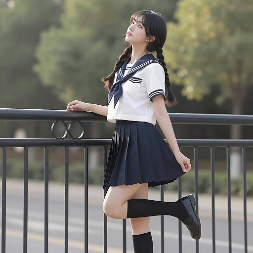 Elegant Asian Woman in Sailor Outfit