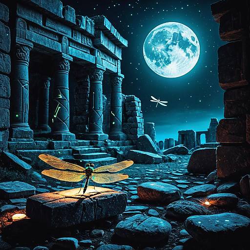 Dragonfly in Moonlit Ancient Ruins