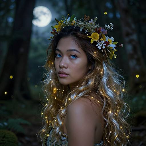 Photograph of a young woman with long, wavy blonde hair, blue eyes, and a flower crown, illuminated by fairy lights in a dark forest