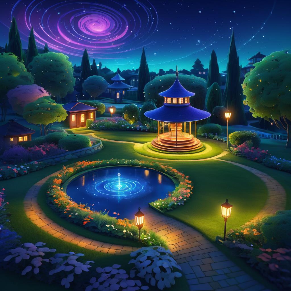 Whimsical Night Garden with Gazebo View