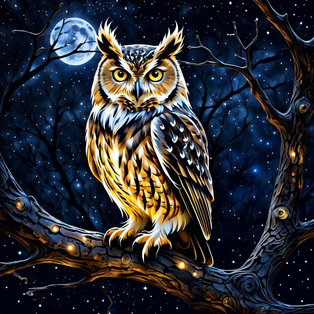 Wise Owl Under Starlit Sky Scene