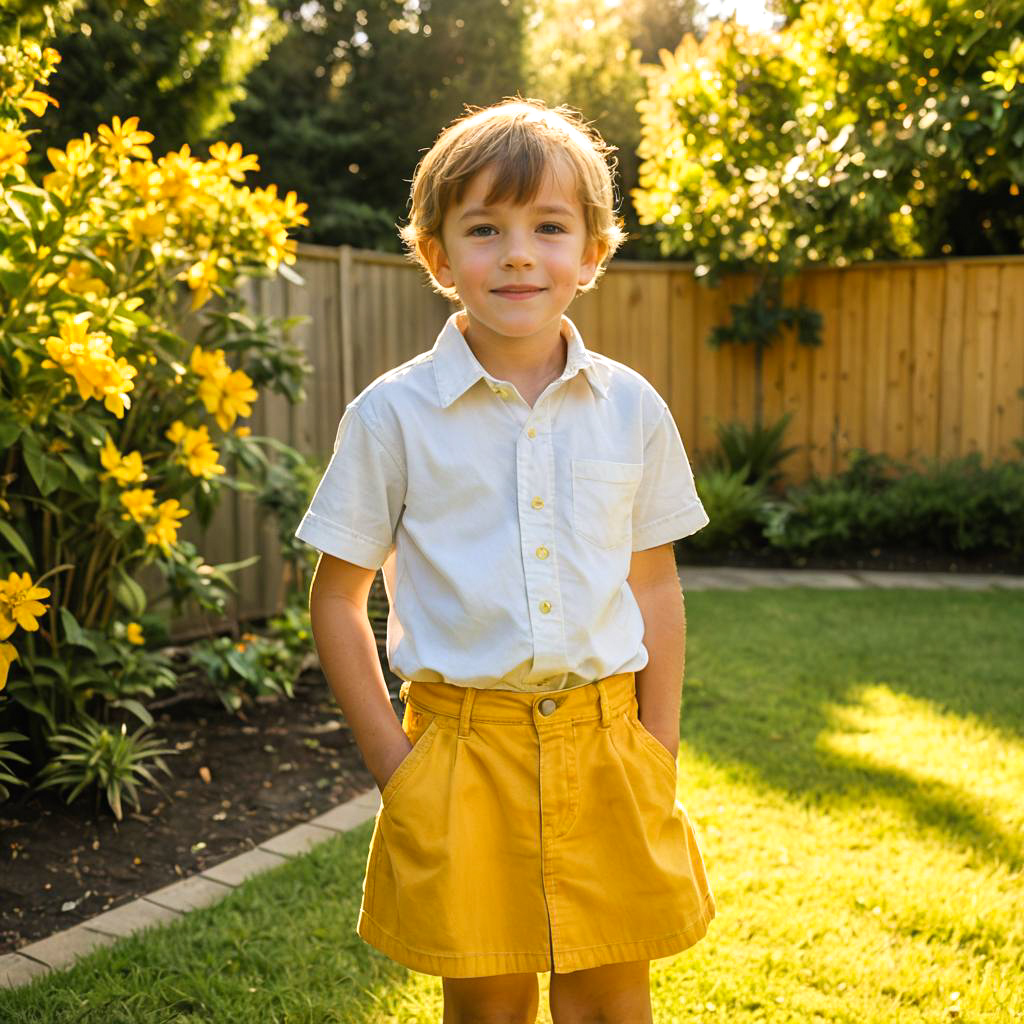 Sunny Backyard Style: Boy in Yellow Denim