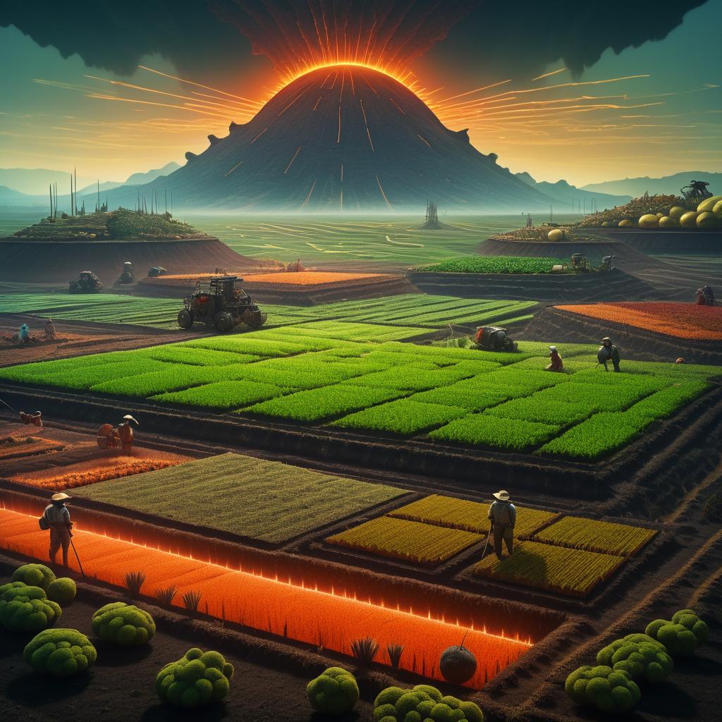 Futuristic Farmers in Volcanic Landscape