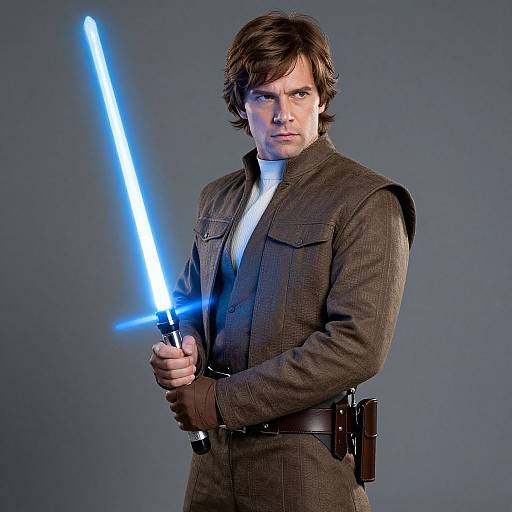 Photograph of a young, white male with brown hair, wearing a brown jacket and white shirt, holding a glowing blue lightsaber against a gray background