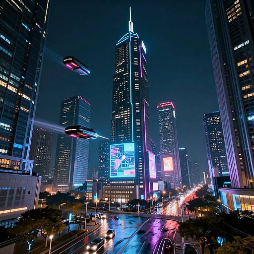 Neon-lit, futuristic cityscape at night with towering skyscrapers, glowing billboards, flying cars, and vibrant street lights reflecting on wet