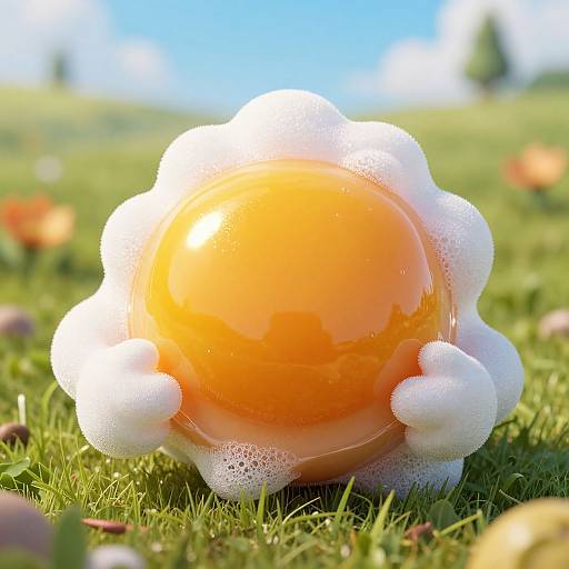 Photorealistic CGI of a glossy, orange, egg-like object with white, bubble-like appendages, sitting on vibrant green grass under a bright blue