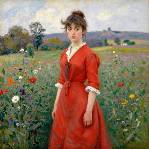 Impressionistic painting of a young woman with fair skin and brown hair in a bun, wearing a red dress with white lace, standing in a vibrant