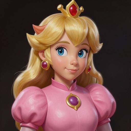 Digital portrait of Princess Peach from Mario series: blonde hair, blue eyes, pink dress with puffed sleeves, red gem earrings, and crown, against
