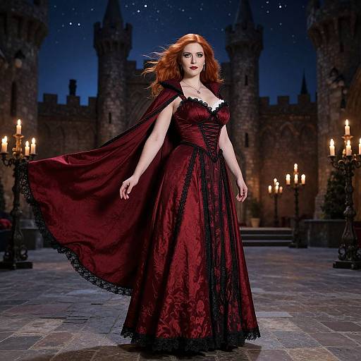 Photograph of a red-haired woman in a flowing, dark red, lace-trimmed gown with a black cape, standing in a medieval castle courtyard