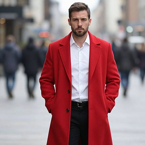 Photograph of a handsome, bearded man with dark hair, wearing a bright red overcoat over a white shirt, standing confidently in a blurred city