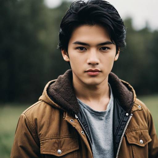 Young Asian Man in Brown Jacket Outdoors