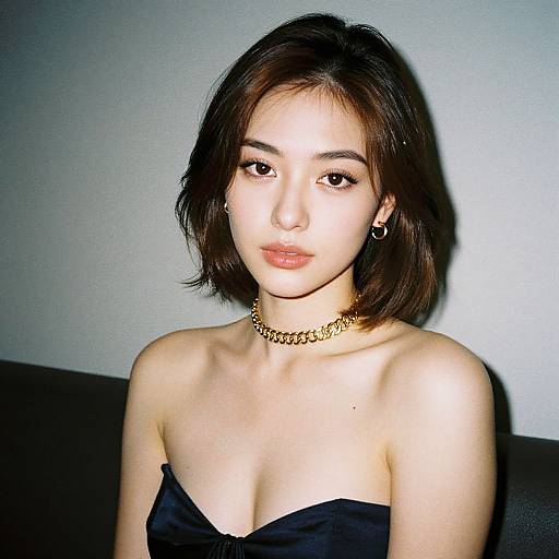 Photograph of an Asian woman with short brown hair, wearing a black strapless top, gold chain necklace, and hoop earrings, against a plain light