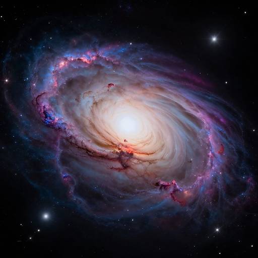 Photograph of a vibrant, spiral galaxy with a bright white core, surrounded by swirling blue, pink, and purple gas clouds in a star-filled dark