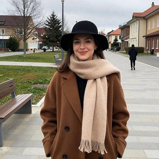 Young Woman in Brown Coat and Black Hat Outdoors