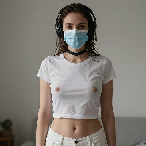 Hyperrealistic Woman with Mask and Headphones