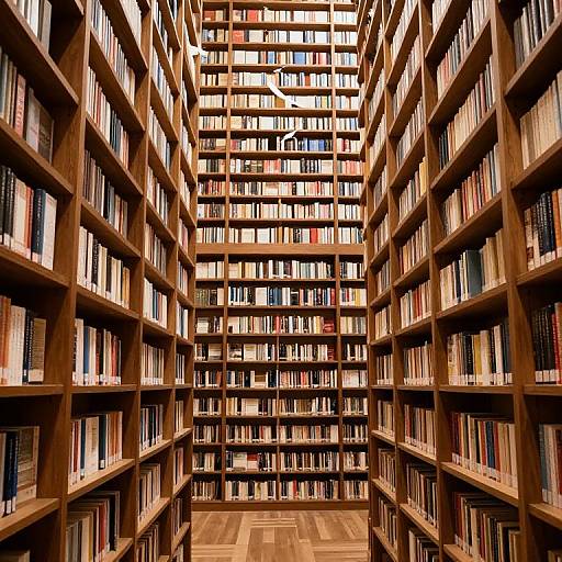 Photograph of a vast, wooden, maze-like library with tall shelves filled with colorful, neatly arranged books, creating a symmetrical, tunnel-like perspective
