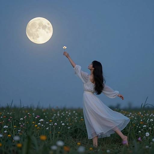 Photograph of a woman in a flowing white dress, reaching up to touch a glowing moon, standing in a moonlit meadow filled with colorful wild