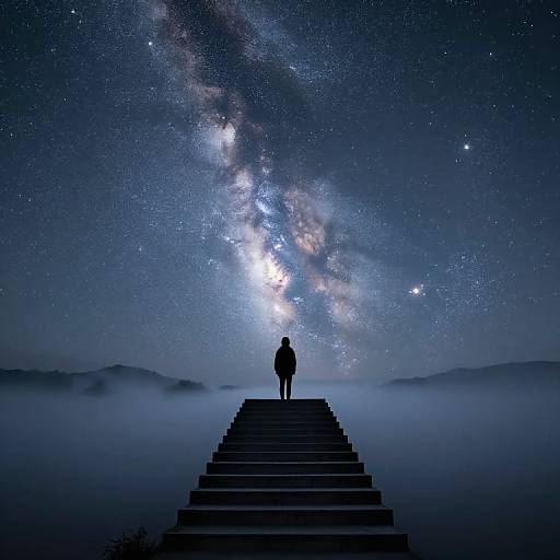 Silhouetted figure stands on a staircase bridge, gazing at the Milky Way galaxy, with mist below and a starry night sky above.