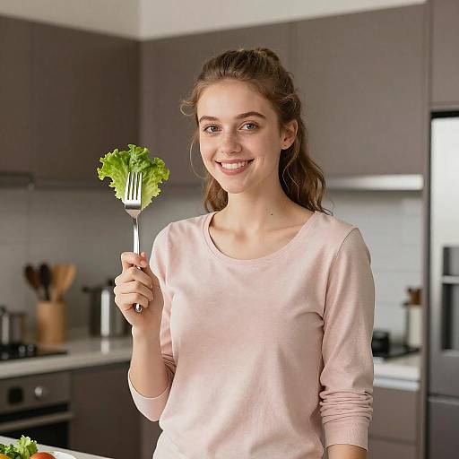 Cheerful Young Woman in Modern Kitchen