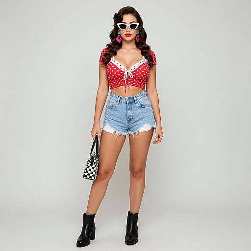 Photograph of a woman with curly brown hair, wearing red polka dot top, white lace trim, high-waisted denim shorts, black ankle