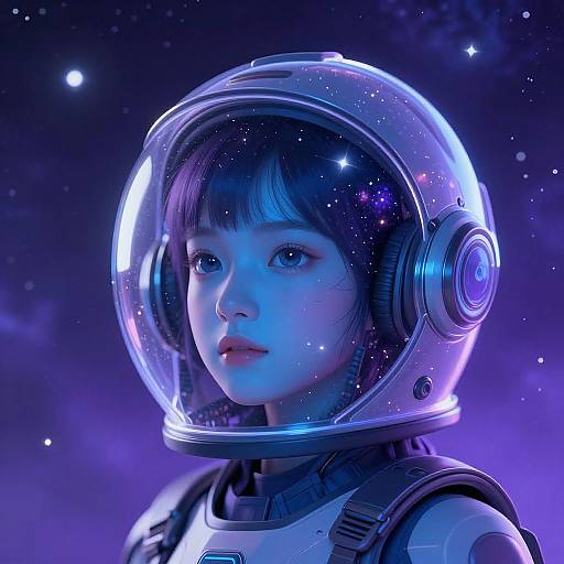 Digital artwork of an Asian girl with short black hair wearing a transparent space helmet, surrounded by a starry, purple cosmos.