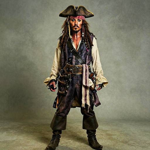 Photograph of a rugged pirate with long brown hair, black eyepatch, tricorn hat, white shirt, black vest, and pants, standing