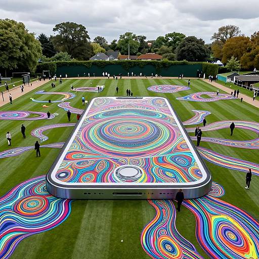 Photograph of a vibrant, large, rectangular, LED-lit installation with swirling rainbow patterns on a manicured lawn, surrounded by people.