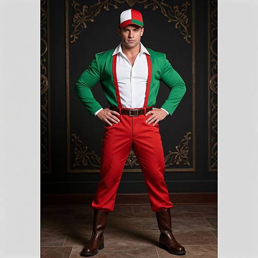Photograph of a muscular man in green jacket, white shirt, red pants, suspenders, and brown boots, wearing a red and white hat,