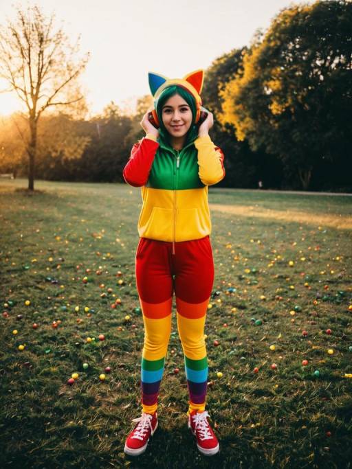 Person in Colorful Skittles Costume Outdoors