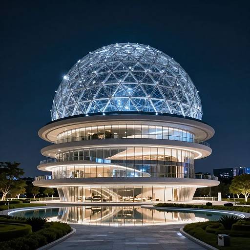 Photograph of the Sydney Opera House at night, featuring its illuminated, geodesic dome structure with glowing blue lights against a dark sky.