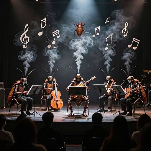 Photograph of a surreal jazz band on stage, musicians wearing insect masks, smoke rising from their heads, musical notes floating above, under bright spotlight against