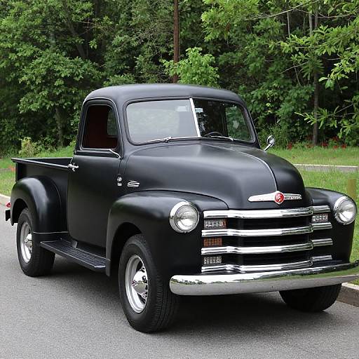 Photograph of a matte black vintage Ford pickup truck with chrome accents, parked on a rural road, surrounded by lush green trees.