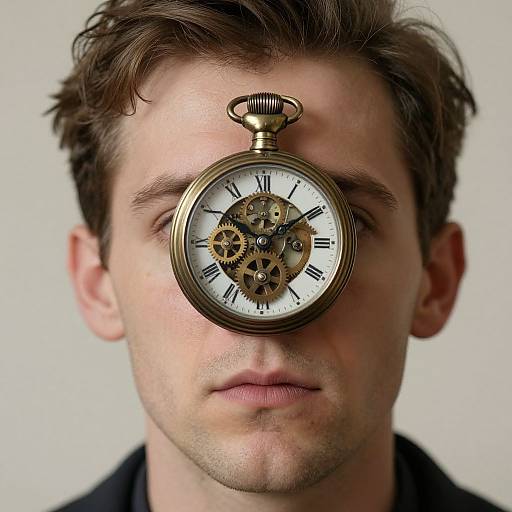 Photograph of a young man with short brown hair, wearing a black shirt, with a gold pocket watch covering his eyes, revealing intricate gears and Roman